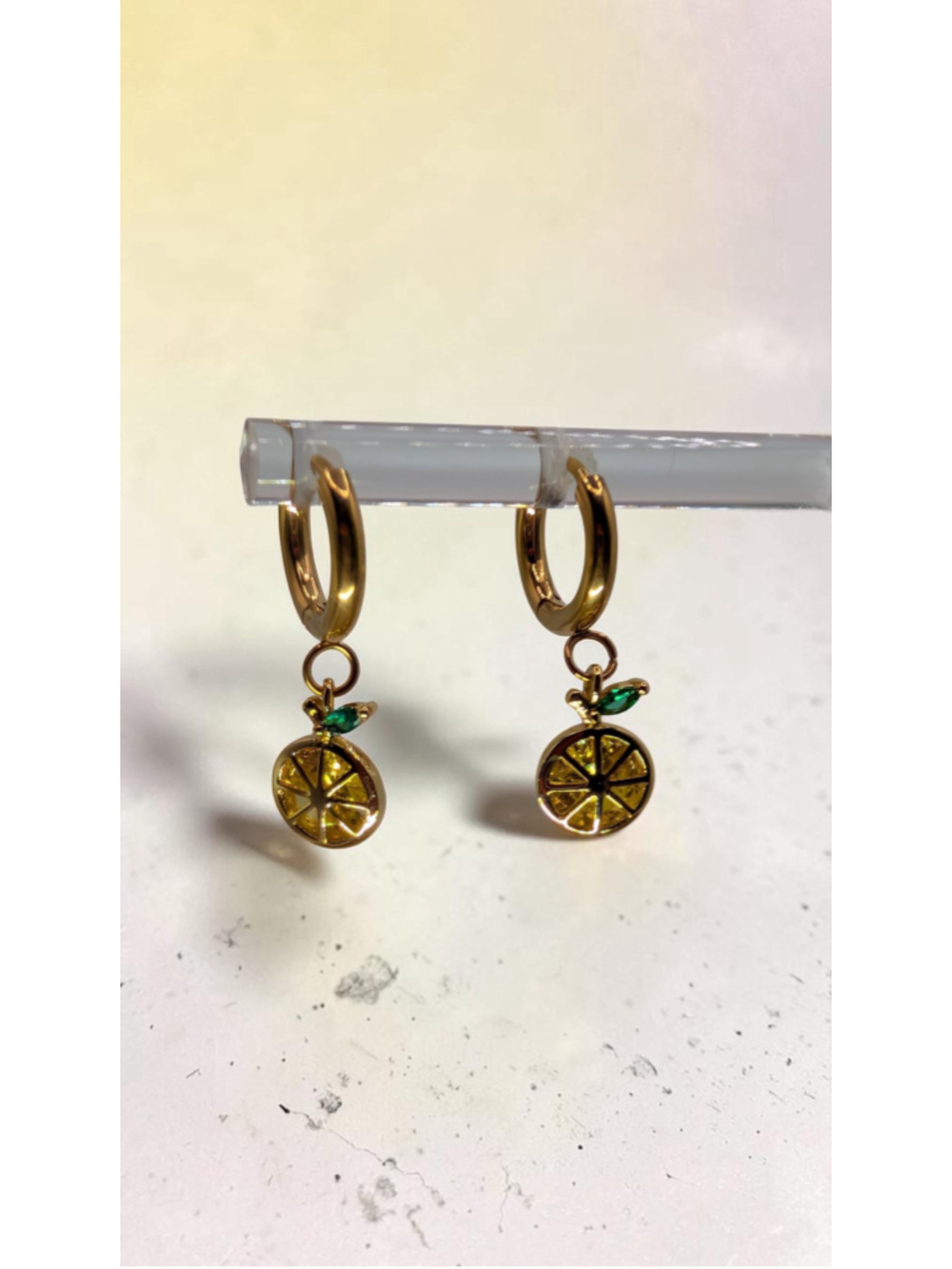 Gold Lemon Huggie Hoop Earrings, Fruit Charm Huggies, Yellow Green